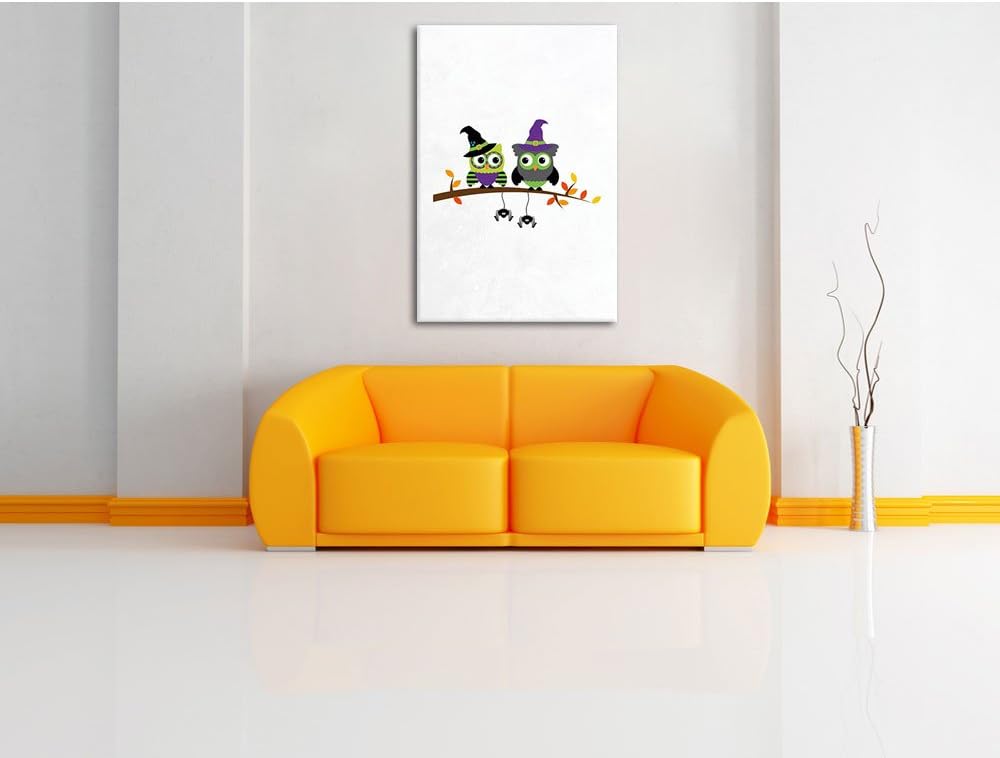 Pixxprint Lustige Hexen Eulen auf AST weiss, Format: 70x100 auf hochkantiges Leinwandbild, XXL riesi