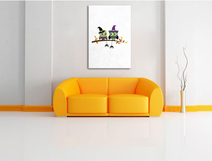 Pixxprint Lustige Hexen Eulen auf AST weiss, Format: 70x100 auf hochkantiges Leinwandbild, XXL riesi
