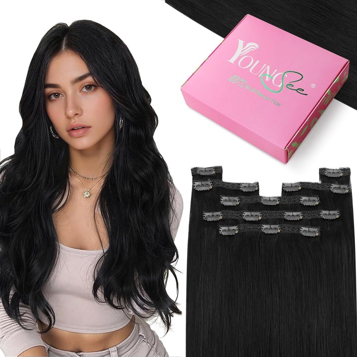 YoungSee Echthaar Extensions Clip Schwarz Clip in Extensions Schwarz Clip in Extensions Echthaar 50