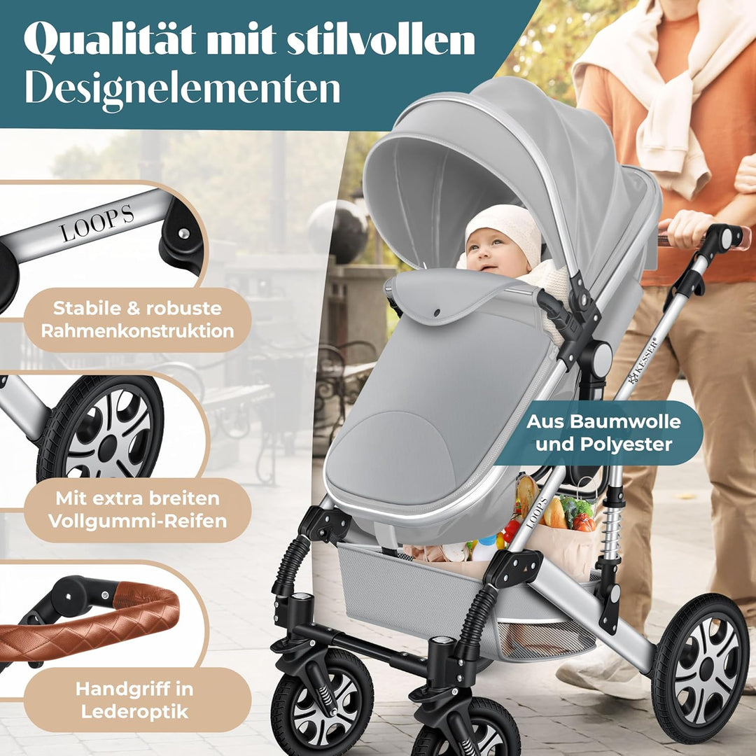KESSER® Loops 3 in 1 Kinderwagen Kombikinderwagen Komplett-Set inkl. Babywanne & Buggy Sportsitz & A