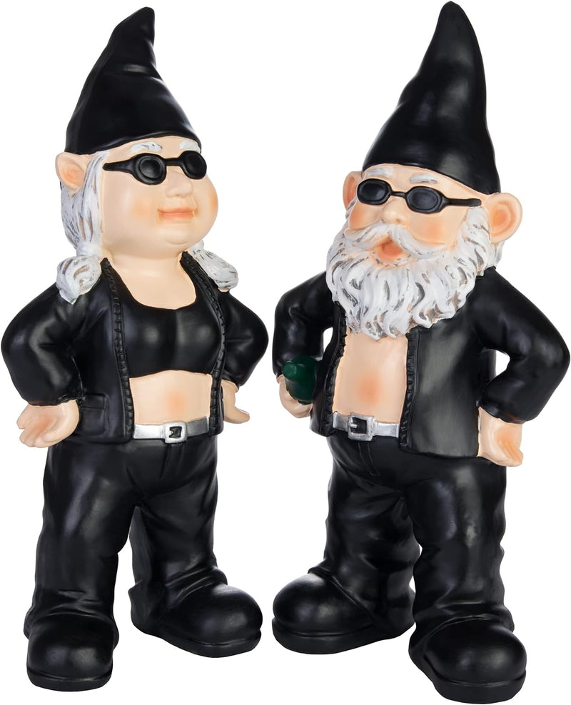 BRUBAKER Gartenzwerge Set Biker Mann und Frau Schwarz - Rocker Zwerge mit Sonnenbrille - Gartenfigur