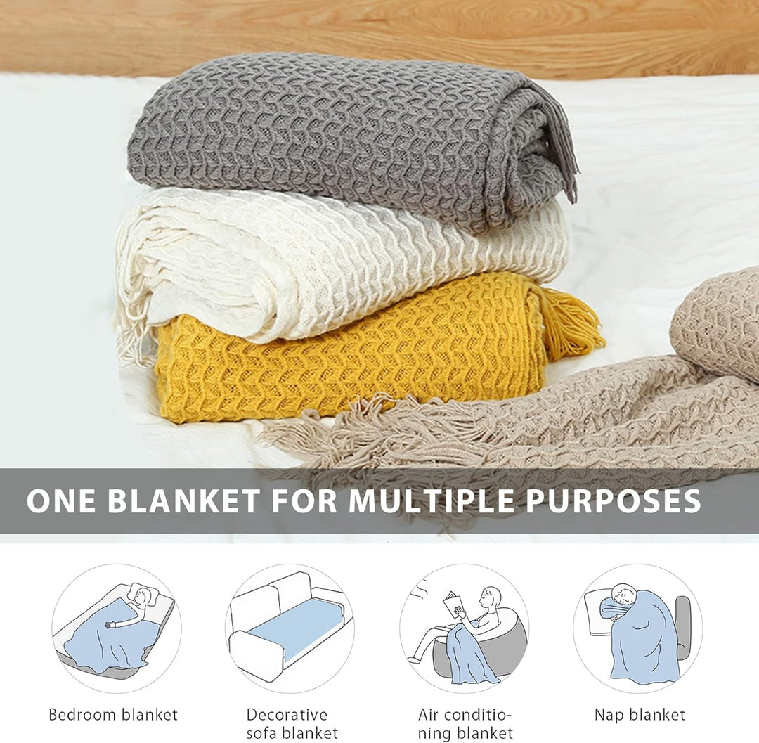 LumiSyne Zellulare Strickdecke Mit Quaste Einfarbige Zartes Hohlen Webmuster Weich Atmungsaktiv Sofa