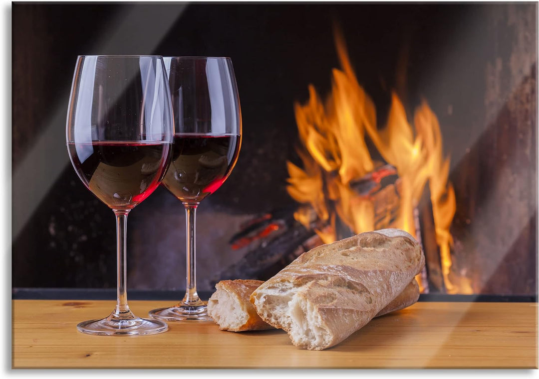Pixxprint Glasbild | Wandbild aus Echtglas | Zwei Gläser Wein mit Baguette | 80x60 cm | inkl. Aufhän