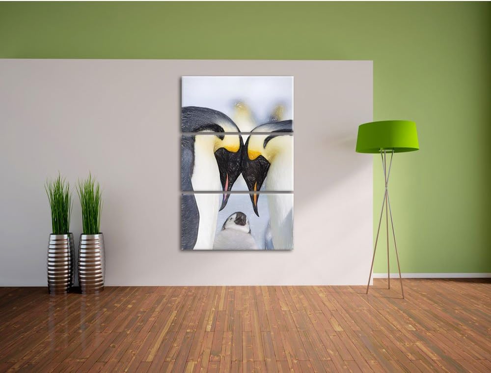 Pixxprint Kaiserpiguinpärchen Liebe Kunst Buntstift Effekt 3-Teiler Leinwandbild 120x80 Bild auf Lei