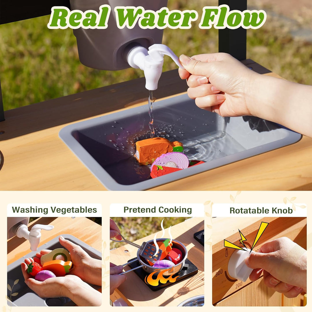 ROBUD Kinder Matschküche Holz, Spielküche mit Echtem Wasserhahn, Pflanzkasten, Insektenkasten, Rolle