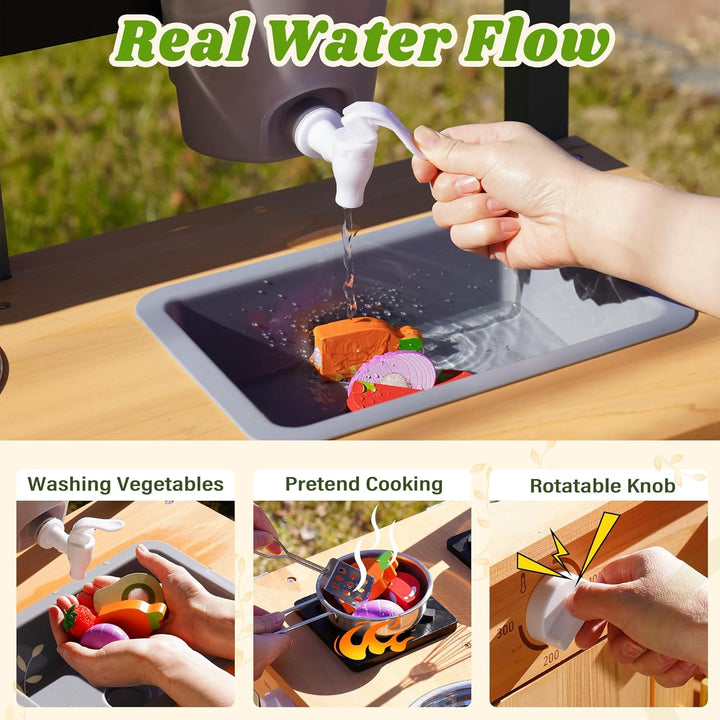 ROBUD Kinder Matschküche Holz, Spielküche mit Echtem Wasserhahn, Pflanzkasten, Insektenkasten, Rolle