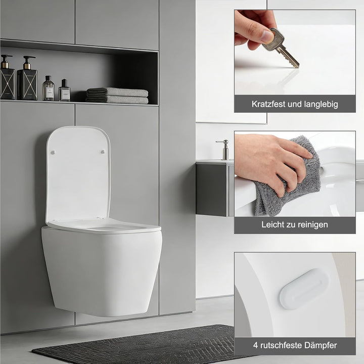 SURFOU Toilettendeckel mit Absenkautomatik, Hochwertiger UF/Duroplast WC Sitz in Eckiger-Form, mit S
