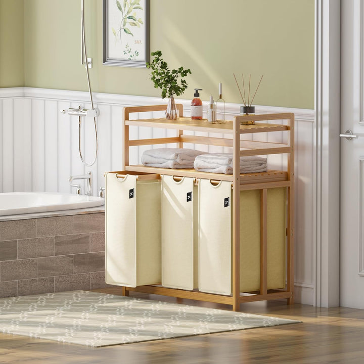 AdelDream Wäschekorb 150L, 3 Fächer Wäschesammler, 2 Ablagen, Bambus | Wäschesortierer 3 x 50L, ausz