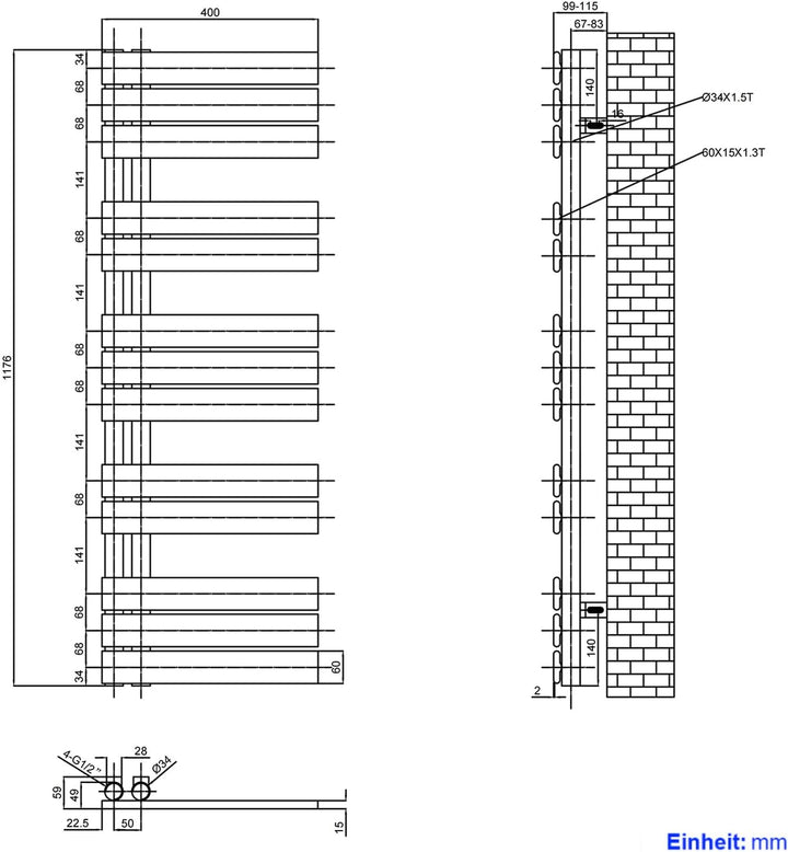 Heilmetz Badheizkörper Anthrazit Handtuchtrockner Heizung 400 x 1176 mm Bad Heizkörper Handtuchheizk