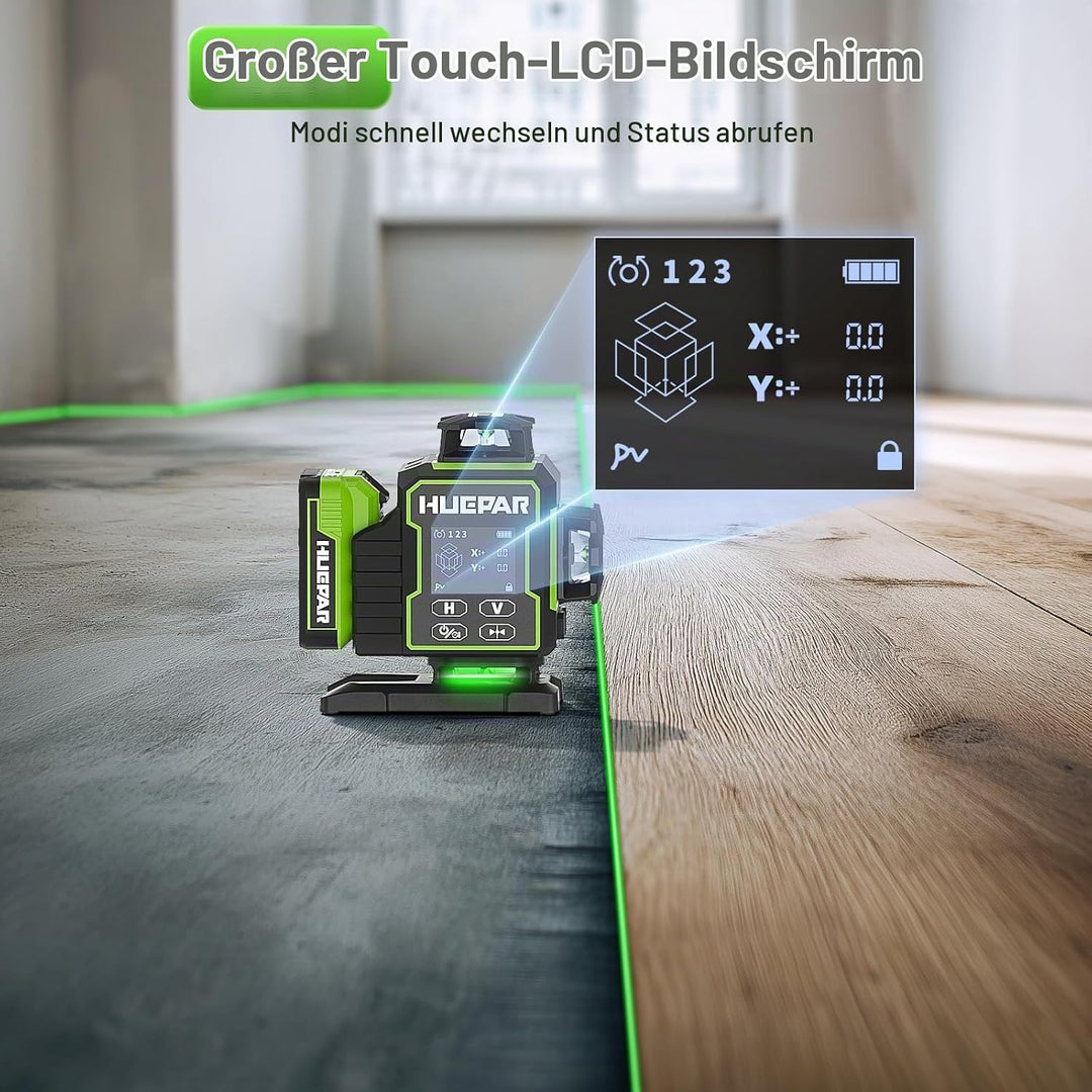 Huepar W04CG 8RG 4D Laser-Wasserwaage mit Laserdetektor, LCD-Display Laser-Wasserwaage mit drehbarer