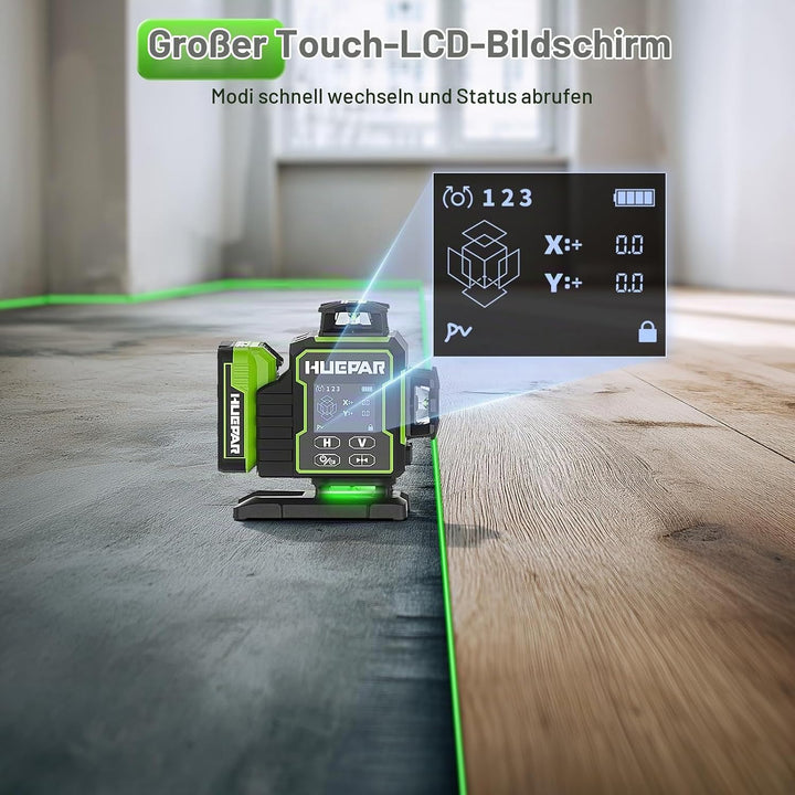 Huepar W04CG 8RG 4D Laser-Wasserwaage mit Laserdetektor, LCD-Display Laser-Wasserwaage mit drehbarer