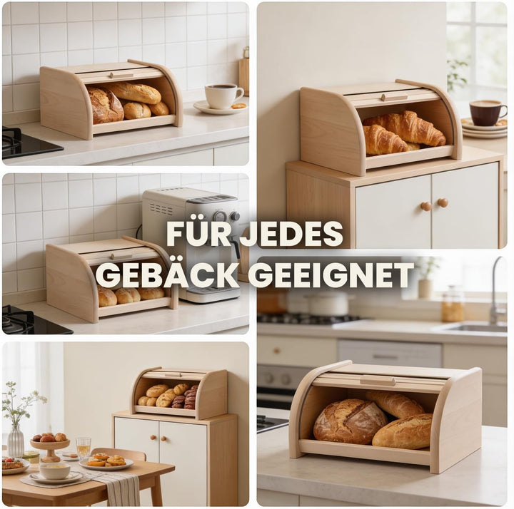 Brotkasten Holz 30,5 x 26 x 15,5 cm - Brotbox aus Buchenholz mit grosser Öffnung und Rolltop, die di