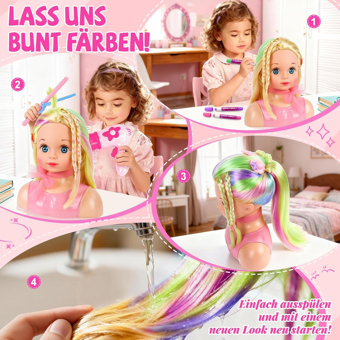 Frisierkopf Kinder Set, Frisierkopfpuppe Spielzeug Set für Kinder mit Haarzubehör, Frisierkopf für M