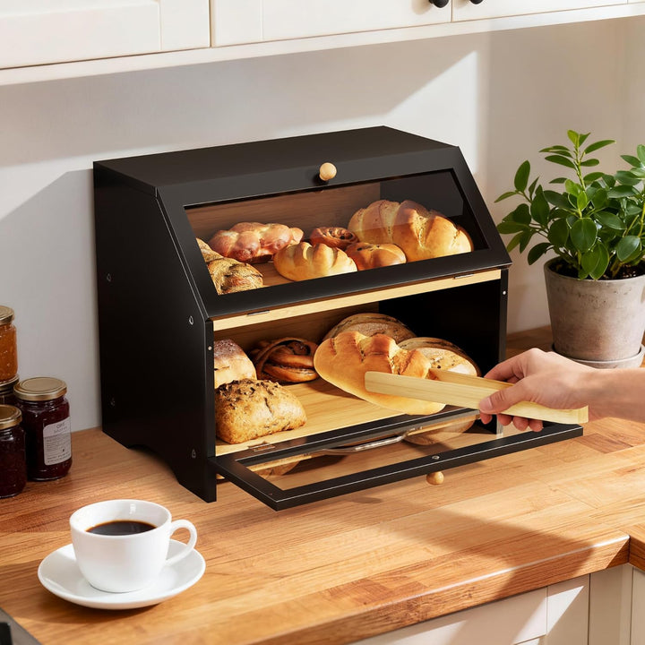 Pamapic Brotkasten Bambus, Brotkorb mit Schneidebrett, 2 Etagen Brotbox mit Brotzange, Brotaufbewahr