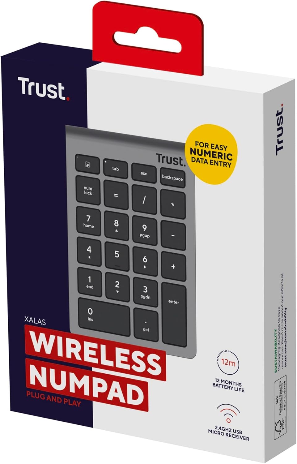 Trust Xalas Numpad Kabellos für Laptop und Desktop PC, 22 Tasten Mini Tastatur, 2,4 GHz USB Mikro Em