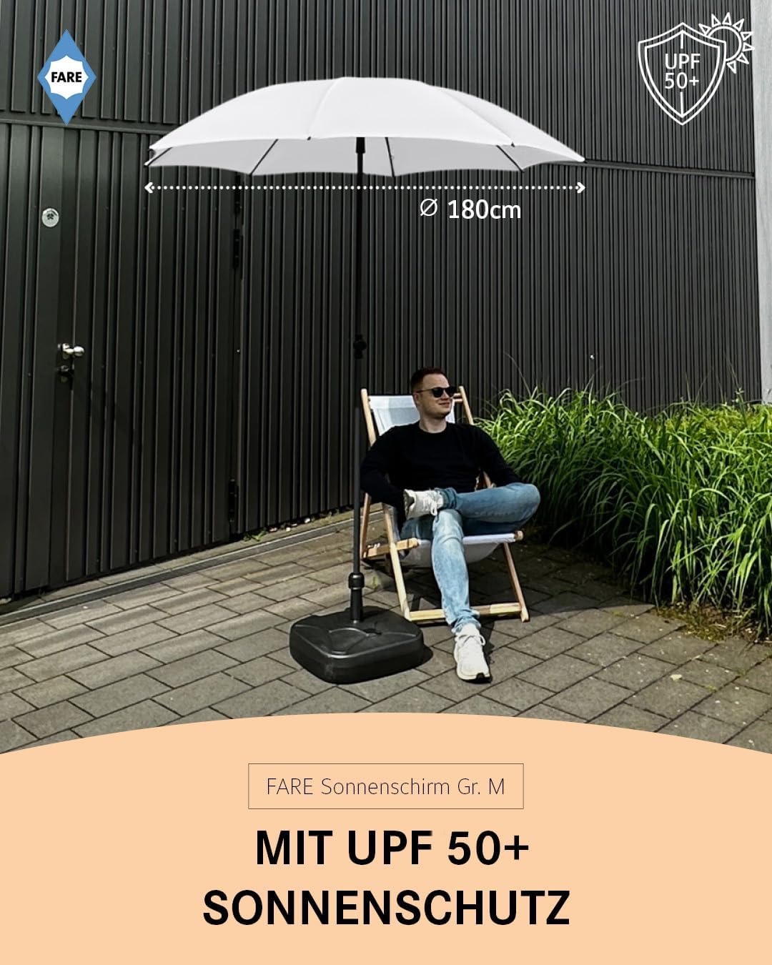 Sonnenschirm Gr. M - 180 cm Durchmesser - UV-Schutz 50+ für Balkon Garten Terrasse Sommer - Titan-Fi