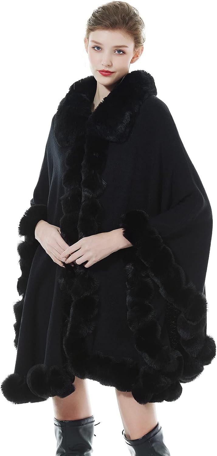 BEAUTELICATE Kunstpelz Poncho Cape Strick Damen Winter Kunstfell Stola Schal Cape Cardigan Warm mit