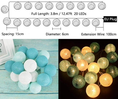 LED Lichterkette Baumwollkugeln mit Stecker, 3,8m 20er Cotton Ball Lichterketten Kugeln Nachtlicht f