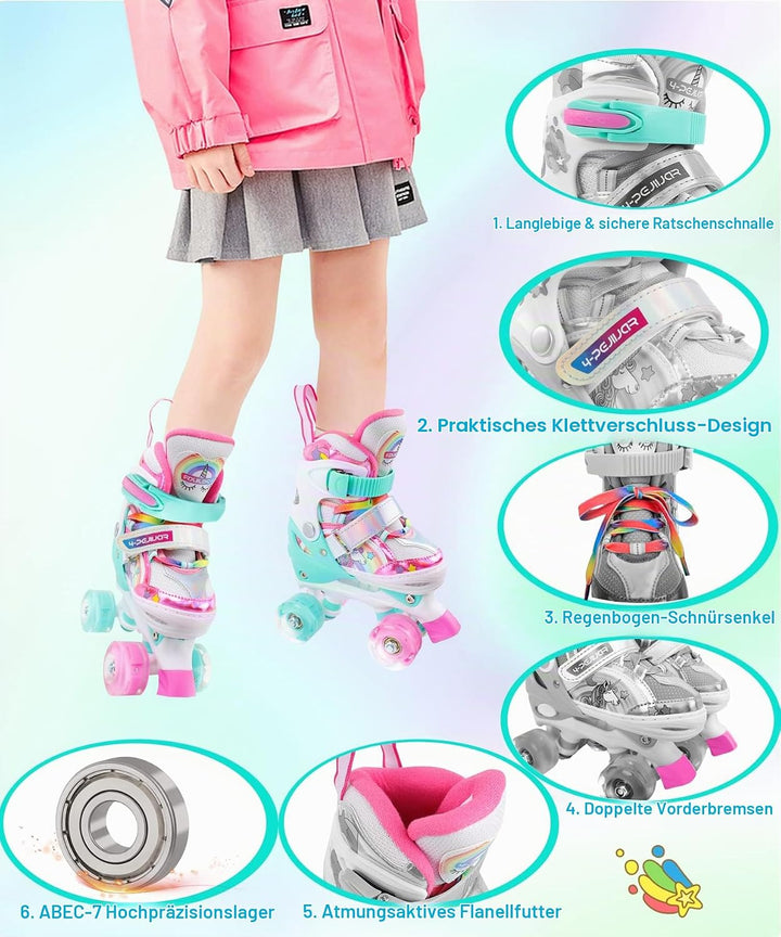 Kinder Einhorn Rollschuhe für Mädchen.Geeignet für 3-6 Jahre alt. Mit Leuchtenden Rädern,4-Pejiijar