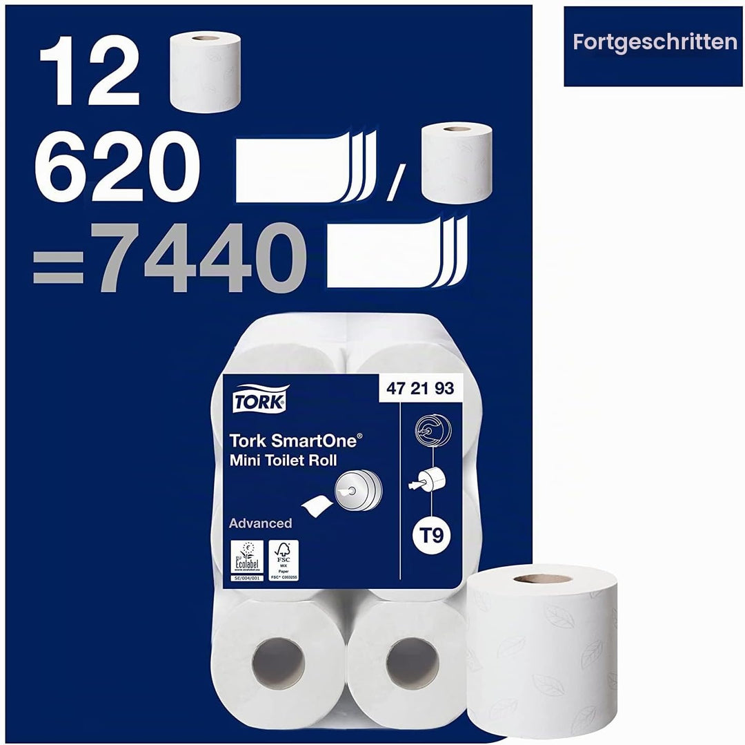 Tork SmartOne Mini Toilettenpapier Weiss T9, Advanced, 2-lagig, 12 × 620 Blatt, 472193 Single, Singl