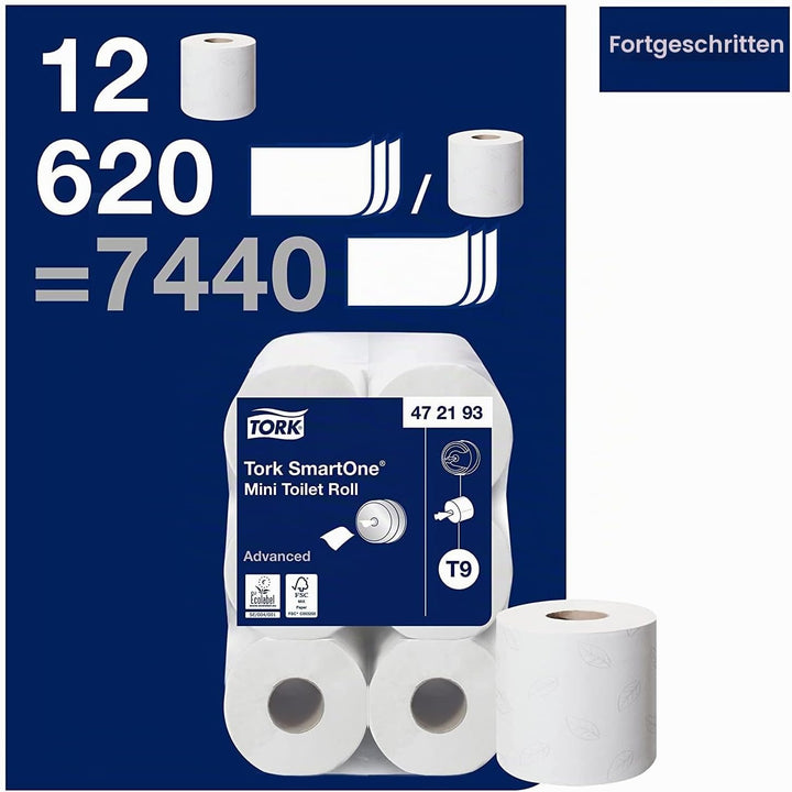 Tork SmartOne Mini Toilettenpapier Weiss T9, Advanced, 2-lagig, 12 × 620 Blatt, 472193 Single, Singl
