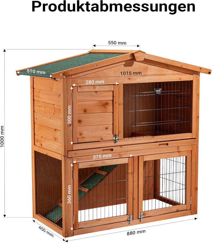 Wiltec 2 Etagen Nagerhaus 871 x 547 x 1000 mm, Hasenstall zweistöckig aus Fichtenholz, mit Bitumenei