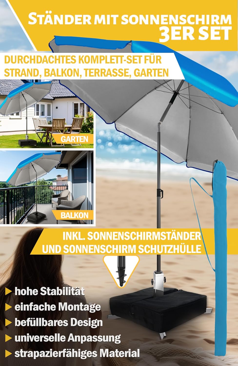 4smile Sonnenschirm mit Ständer im 3er-Set, Blau - Ø 180cm Sonnenschirm Strand, inkl. Schirmhülle un