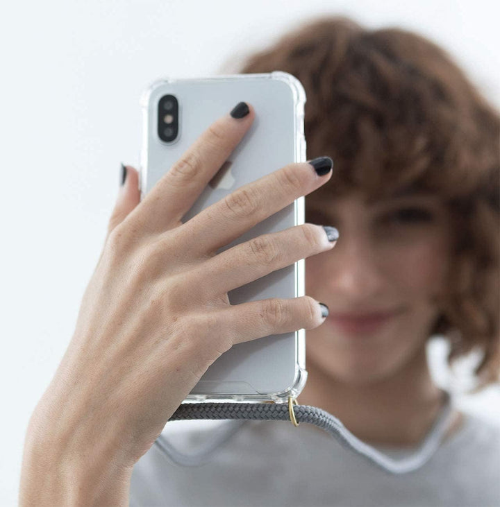 KNOK Premium Handykette für Apple iPhone 13 Max, Grau, transparent | Silikonhülle mit fest verbunden