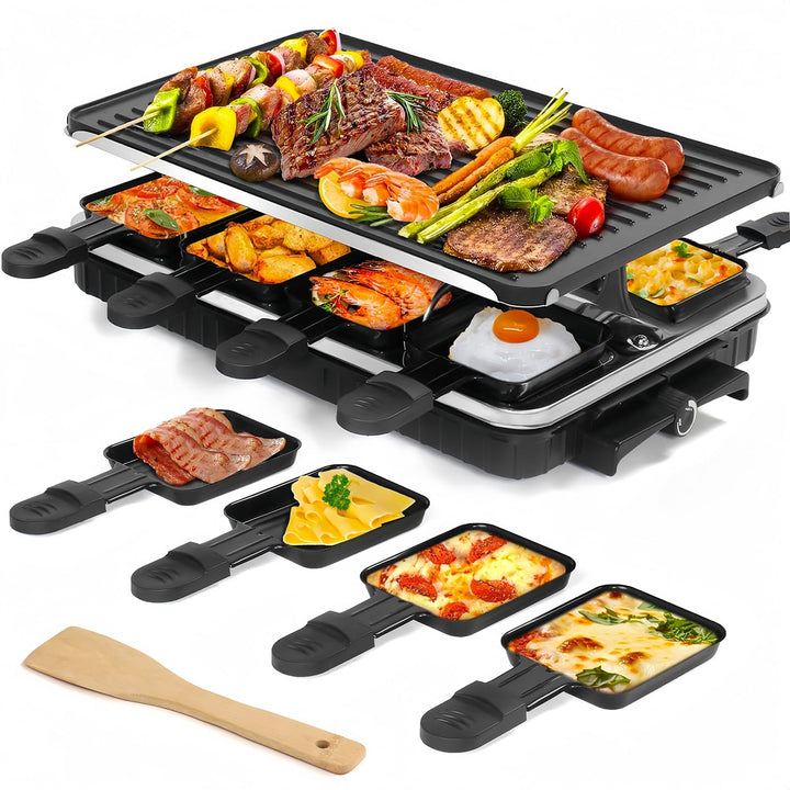 2-in-1 Raclette Grill, Raclette 8 Personen, 1300W Elektrogrill mit 1 Umkehrbarer Antihaft Grillplatt
