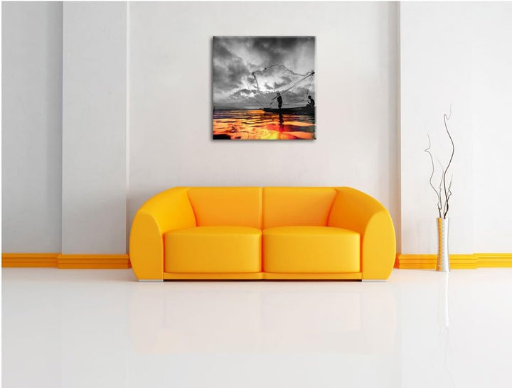 Pixxprint Angler mit grossem Fangnetz als Leinwandbild/Grösse: 70x70 cm/Wandbild/Kunstdruck/fertig b