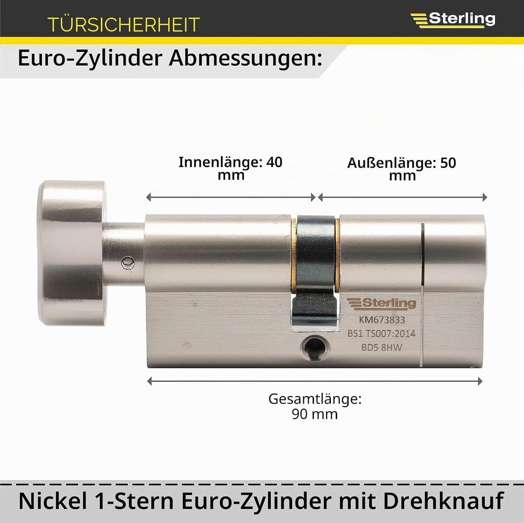 Sterling Int Ext BS1 ETN4040 Knaufzylinder, satiniertes Nickel, innen 40 mm, aussen 50 mm (90 mm ins