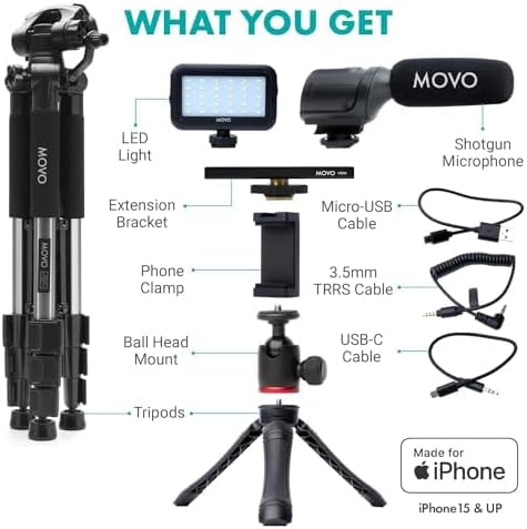Movo uVlogger Android/USB-C/iPhone 15 kompatibles Vlogging-Kit mit Fullsize-Stativ - YouTube-Starter