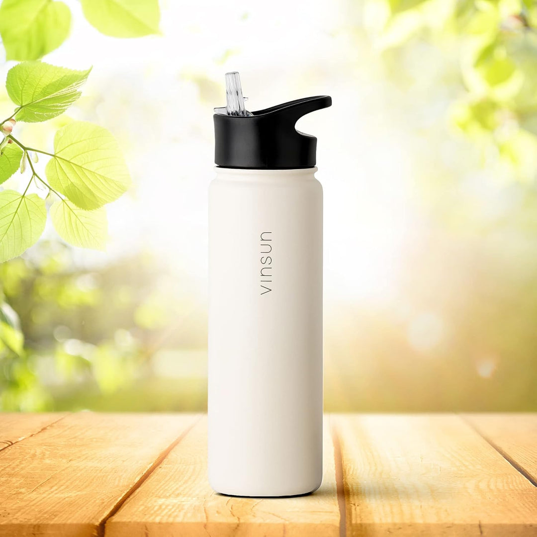 Vinsun Edelstahl Trinkflasche 750ml - 3 Deckel - auslaufsicher, Kohlensäure geeignet, BPA frei - The