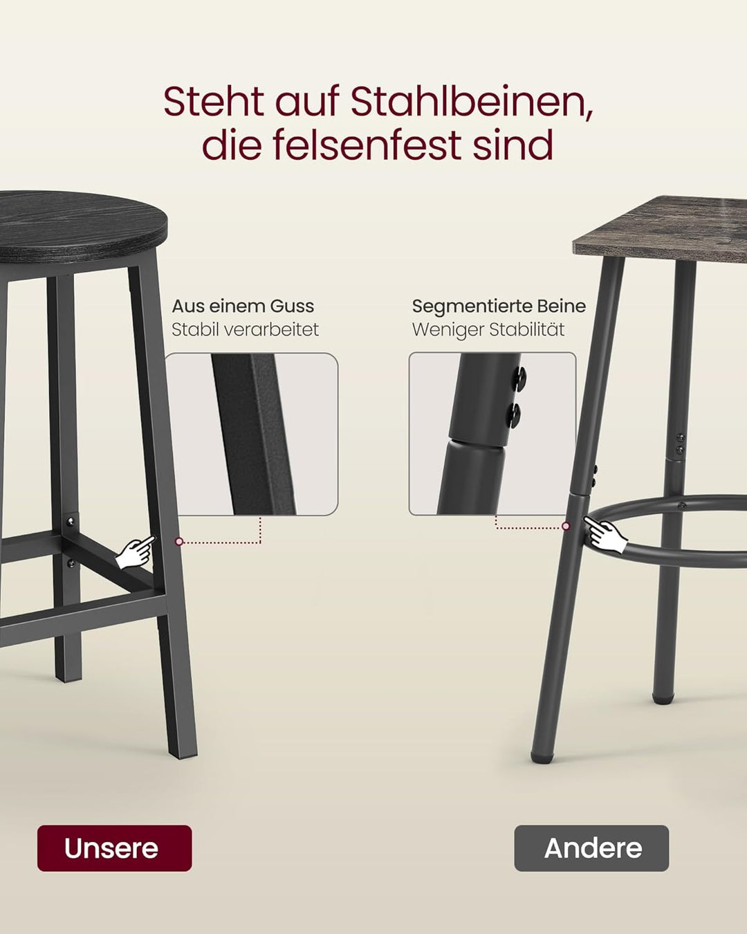 VASAGLE Barhocker, 2er Set, Barstühle, Küchenstühle mit Metallgestell, einfache Montage, mit Fussstü
