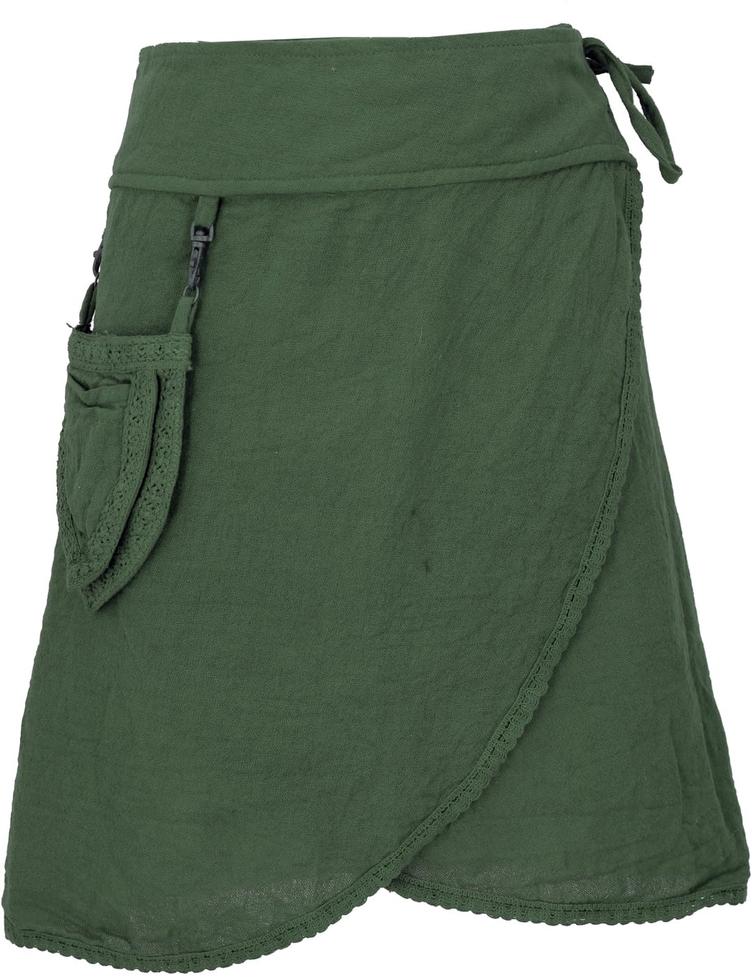 GURU SHOP Pixi Festival Minirock, Natürlicher Ethno Wickelrock mit Tasche, Spitze, Damen, Grün, Baum