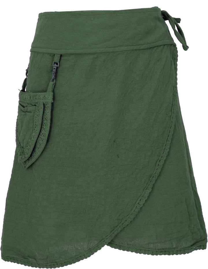 GURU SHOP Pixi Festival Minirock, Natürlicher Ethno Wickelrock mit Tasche, Spitze, Damen, Grün, Baum