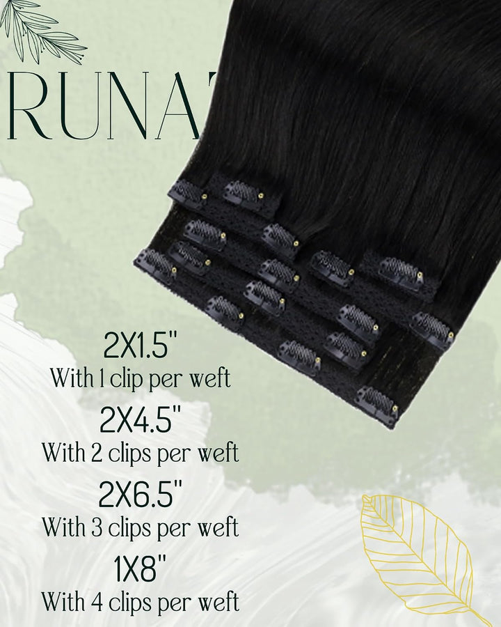 RUNATURE Schwarze Clip in Extensions Echthaar 45cm 7Pcs Echthaar Extensions Clip Glatt Clip Extensio