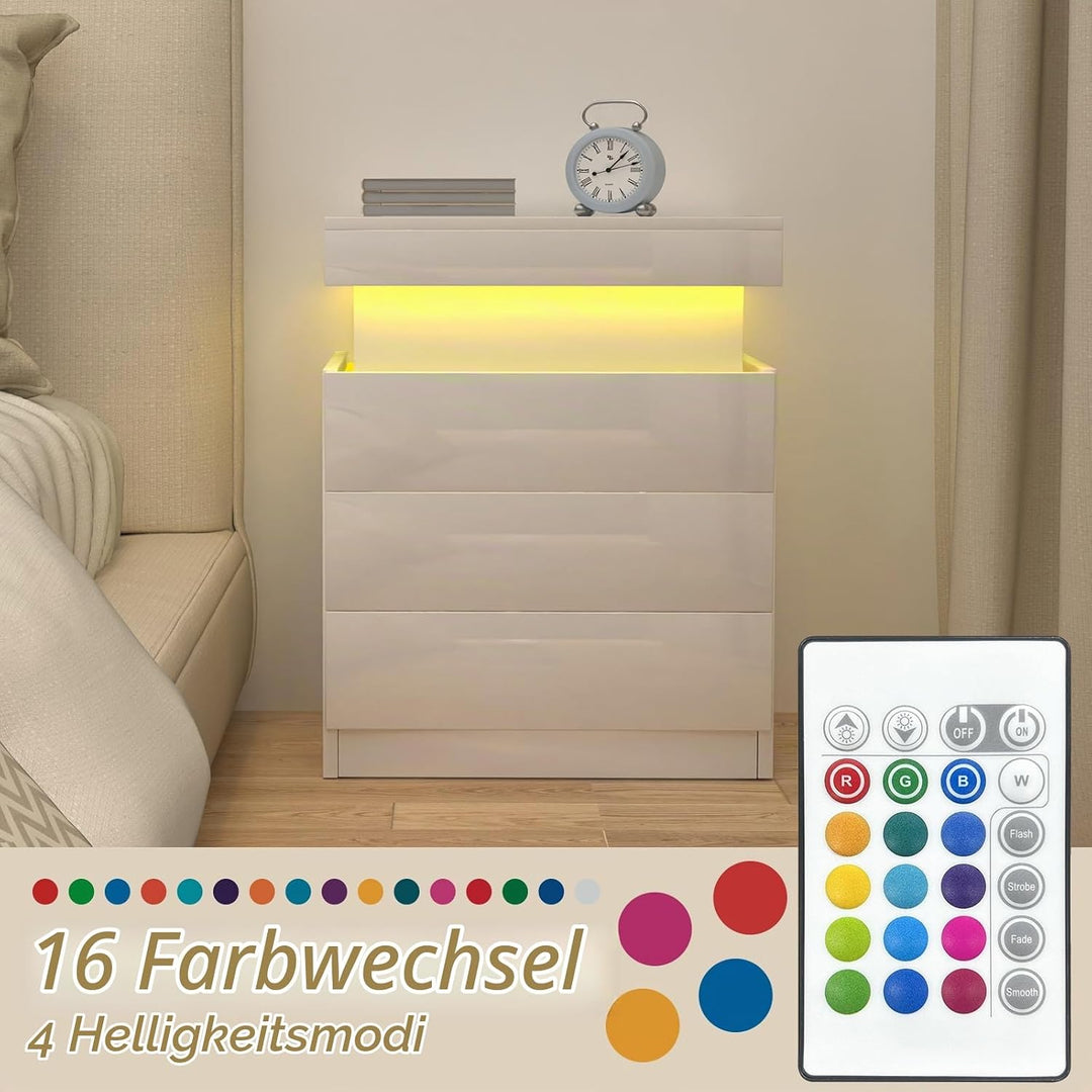 Nachttisch mit Steckdose, Nachtschrank mit Led Licht, Nachtkommode mit 3 Schubladen und Versteckte S