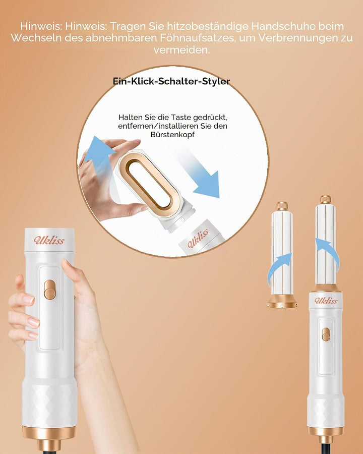 UKLISS Haartrockner &amp; Haarstyler 6 in 1, Automatisch Airflow Lockenstab, Hair Dryer, Rundbürstenföhn