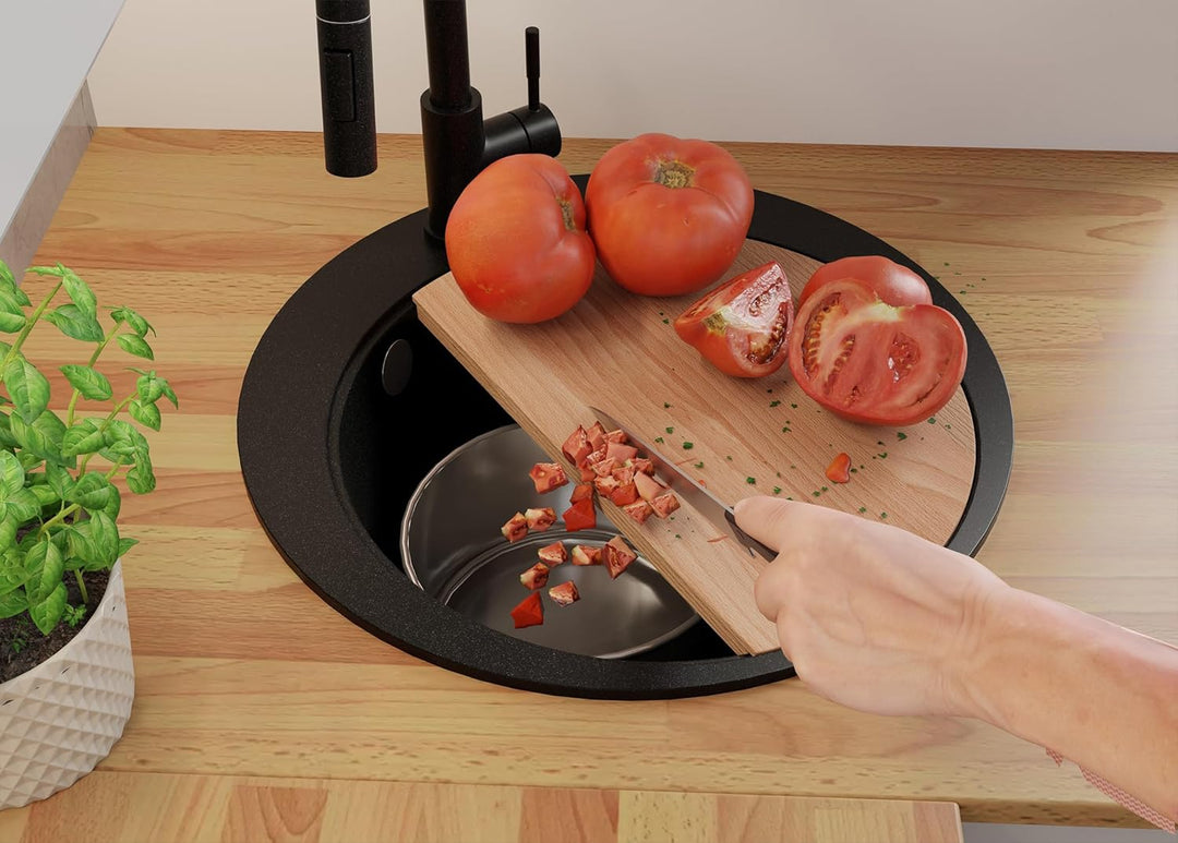 PRIMAGRAN Spülbecken Rund Schwarz 50x50cm, Granitspüle 1 Becken + Ablauf-Set, Küchenspüle ab 45er Un