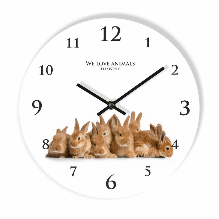 FLEXISTYLE Moderne Wanduhr für Kinder Kaninchen, 30cm, still, oval, Zimmer für Kinder, Schule, Kinde