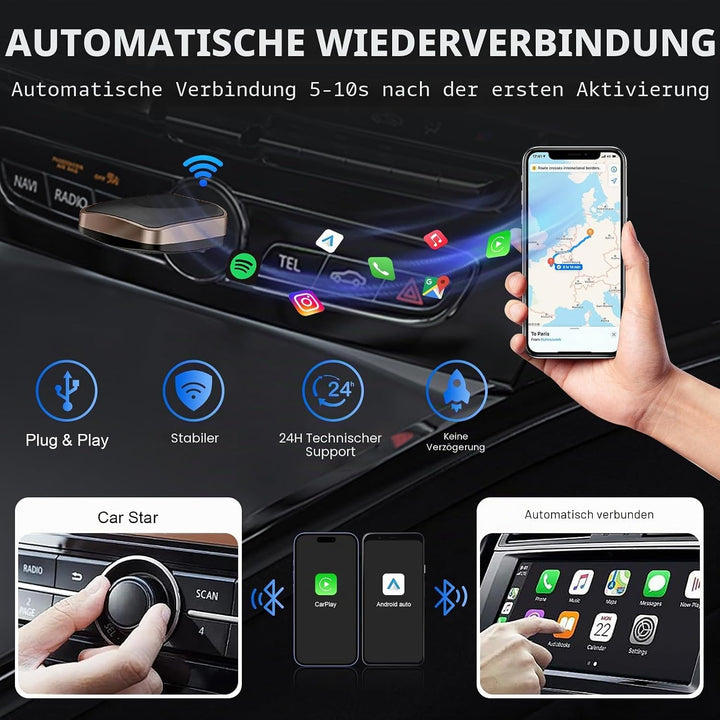 Kabelloser CarPlay und Android Auto Adapter für Autos mit Wired CarPlay, USB C/A Plug and Play CarPl