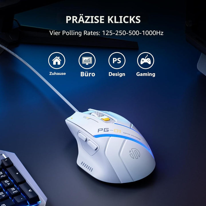 inphic PG1 Gaming Maus mit Kabel, 12800 DPI Hochpräzise, 6 programmierbare Tasten, atmungsaktive RGB