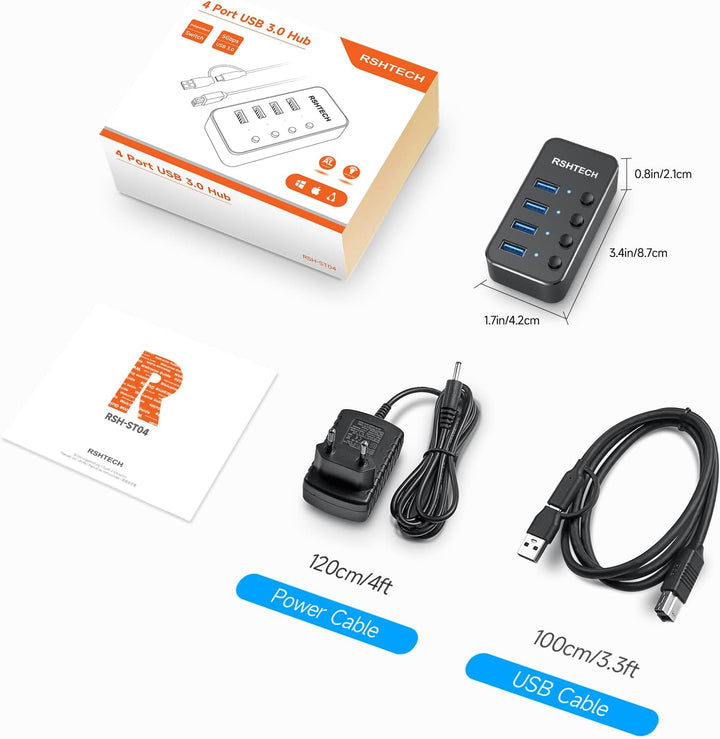 USB Hub Aktiv 3.0 mit Netzteil, RSHTECH USB 3.0 Hub mit 4 Datenports USB 3.0 Port Verteiler mit 100c
