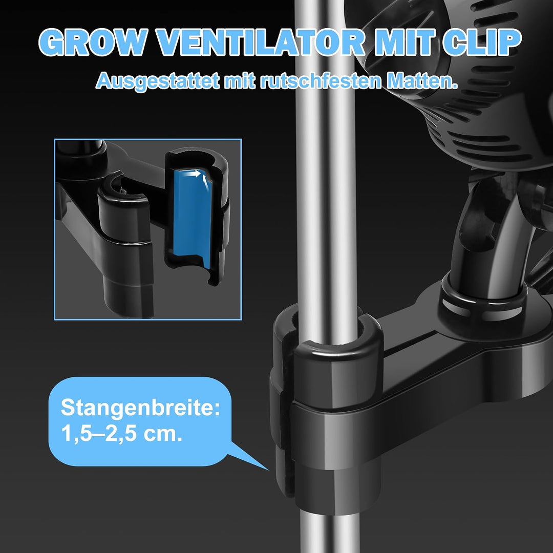 Oszillierender Grow Ventilator mit 2 Stufen, Clip Lüfter 20W | Stabiler Metallschutzgitter, Hitzebes