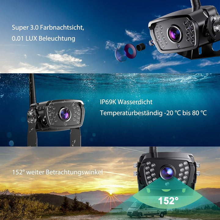 eRapta 7'' LCD Kabellose Digital Rückfahrkamera Set, mit eingebautem Funksender, Wireless Einparkhil