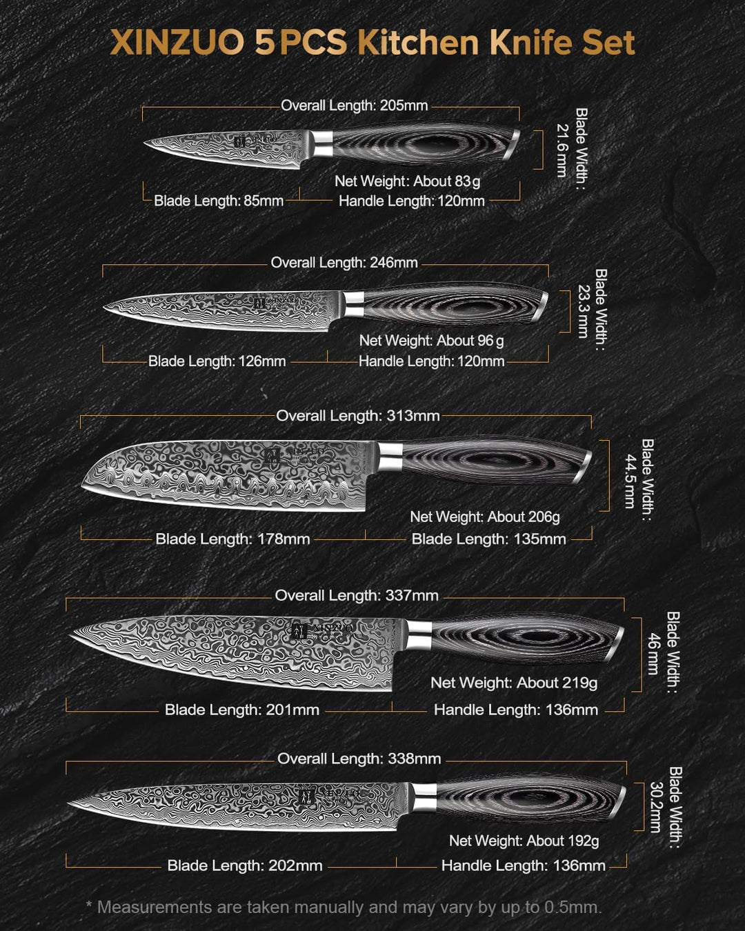 XINZUO 5er Damastmesser Set küchenmesser 67 Schichten Damaststahl Kochmesser Messerset mit Pakkawood