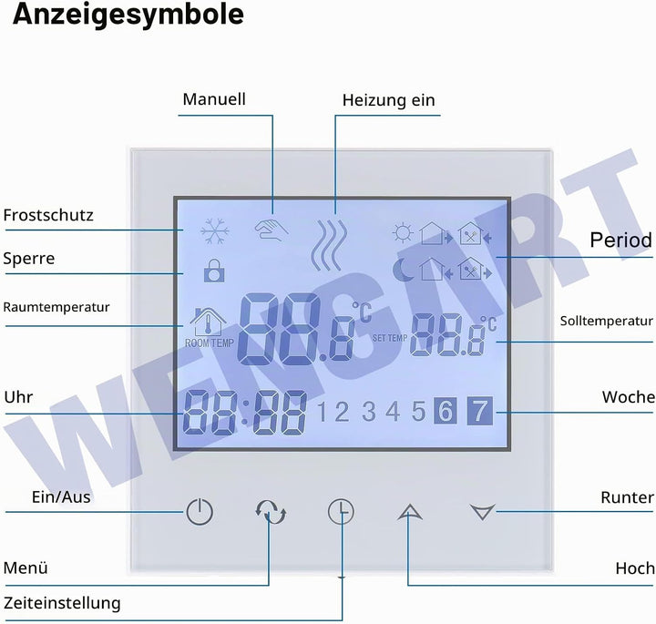 Wengart Programmierbarer Thermostat WG03-2 Touchscreen-Design, AC230V 3A LCD-Display, geeignet für W