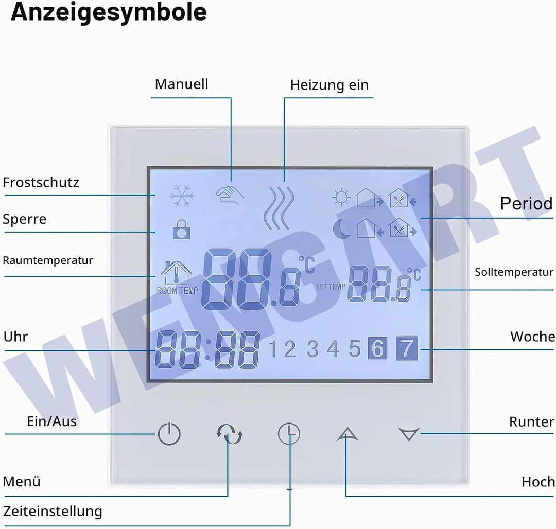 Wengart 24V Programmierbarer Thermostat WG03-2,Präzise Regelung der Innentemperatur, LCD-Display, To
