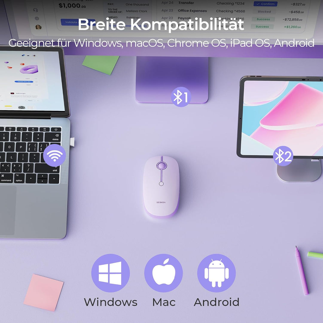 seenda MOU001 Bluetooth Maus, USB + Dual-Bluetooth 3 Geräte Verbindung, Maus Kabellos mit 3 DPI-Stuf